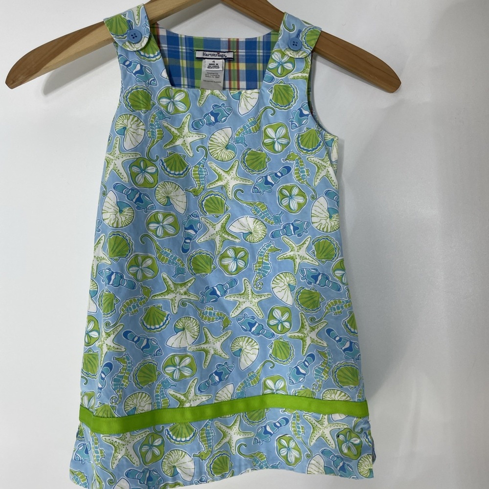 Hartstrings Girls Blue Coastal Starfish Seashell Plaid Lined Cotton Dress Size 4